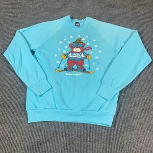 VTG Screen Stars Sweatshirt Womens Large Blue Bear Skiing Wisconsin Pullover 90s